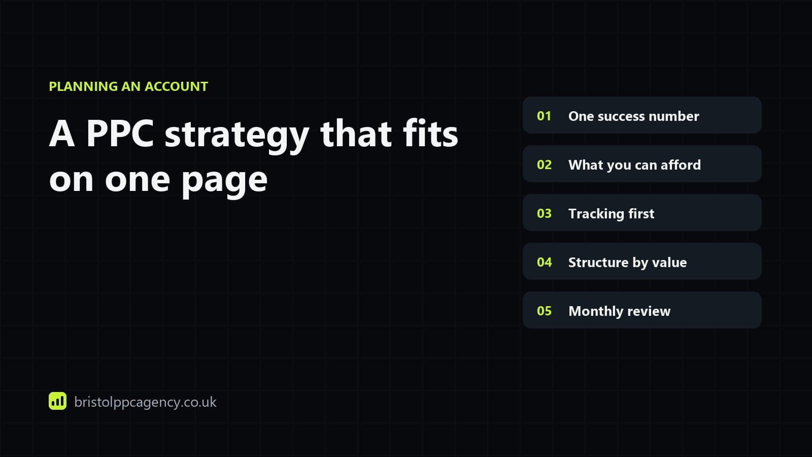 A PPC strategy on one page: goal, measurement, structure, budget and review